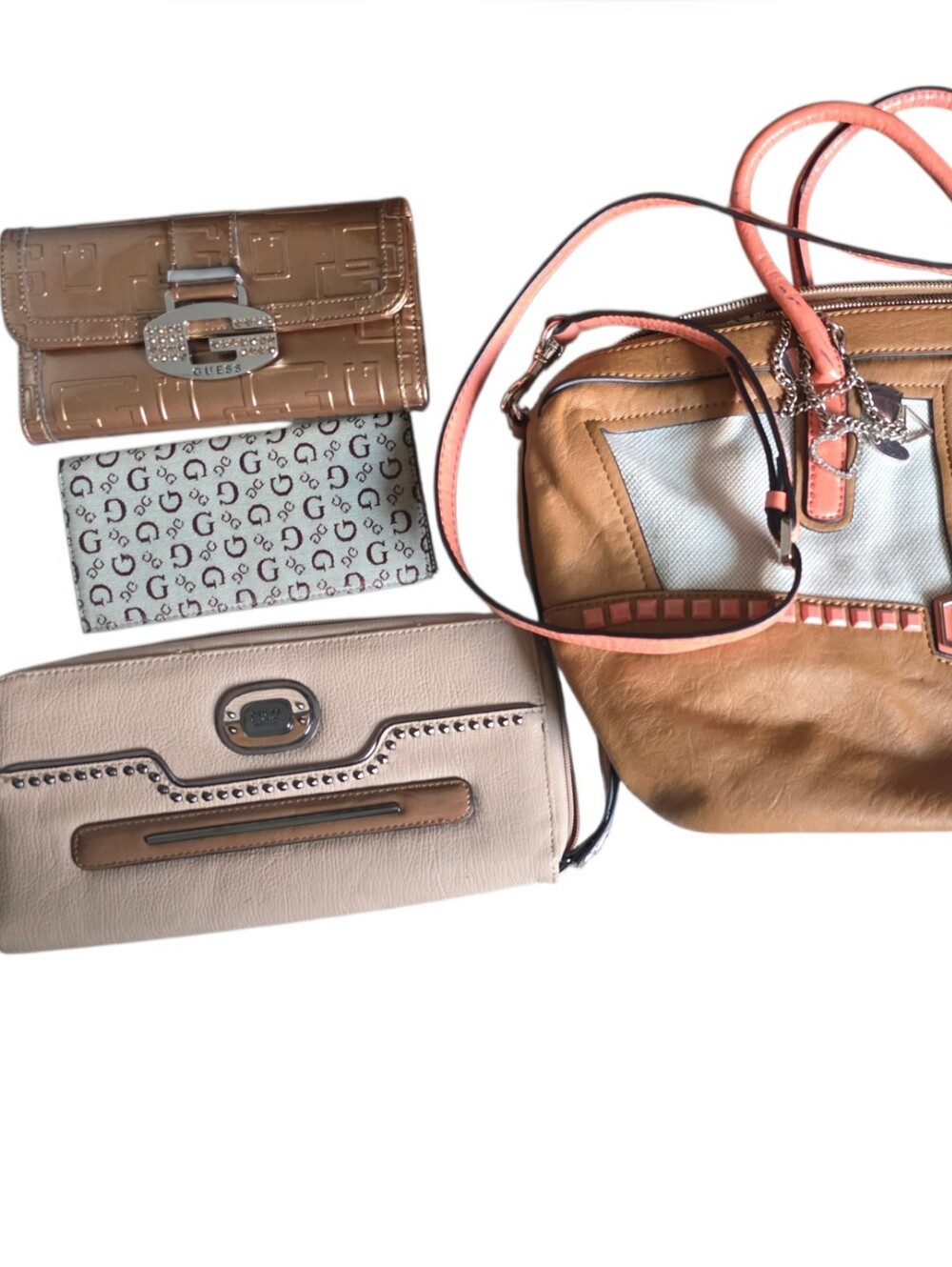 GUESS BUNDLE Pink Tan Leather Tote and Wallet Set 4PCS TAN/BROWN